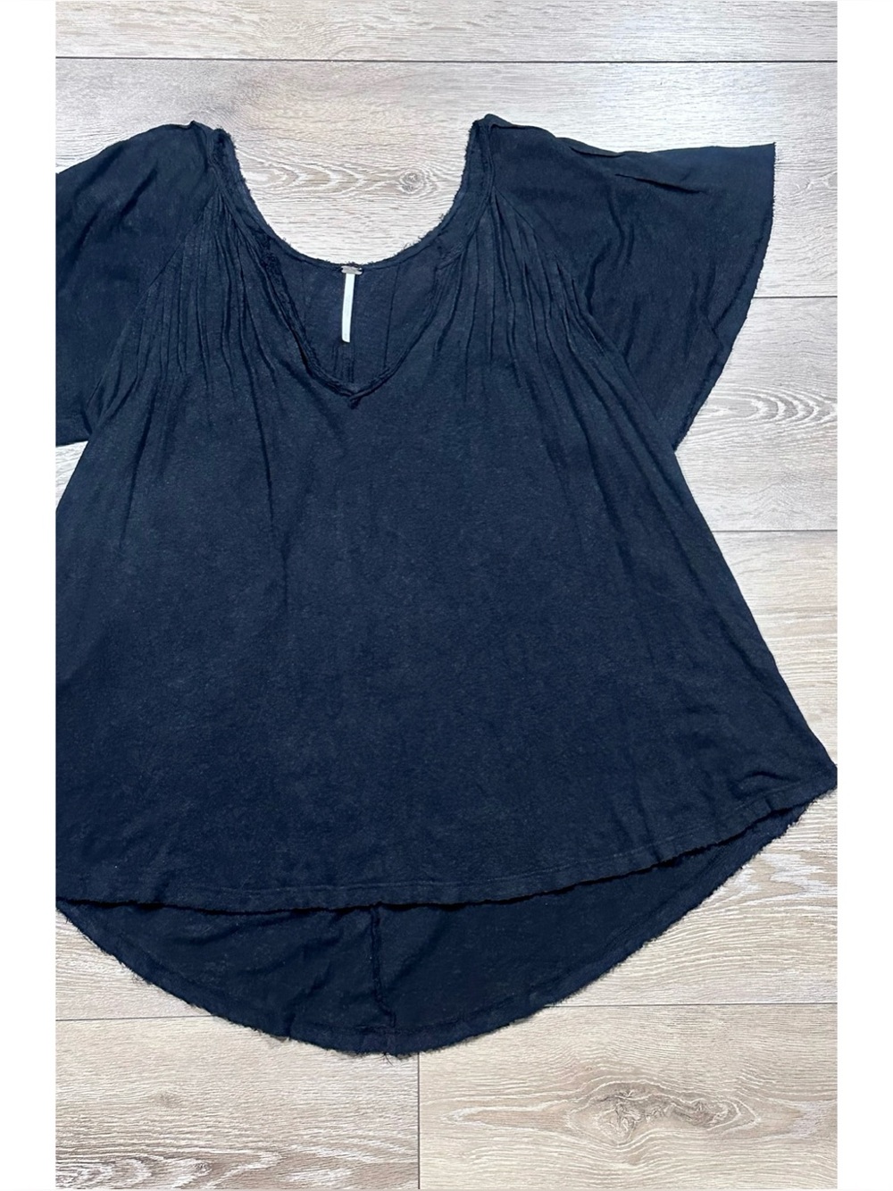 Free People Washed Black Raw Hem V-Neck Swing Tee Linen Blend